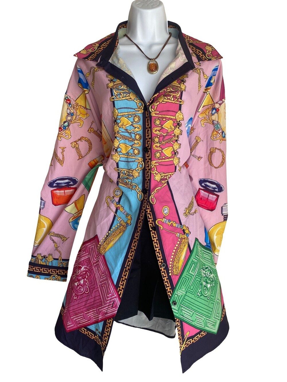 Vintage Plus 2X Pink Scarf Print Long Tunic Blouse Button Up Artsy Festival boho